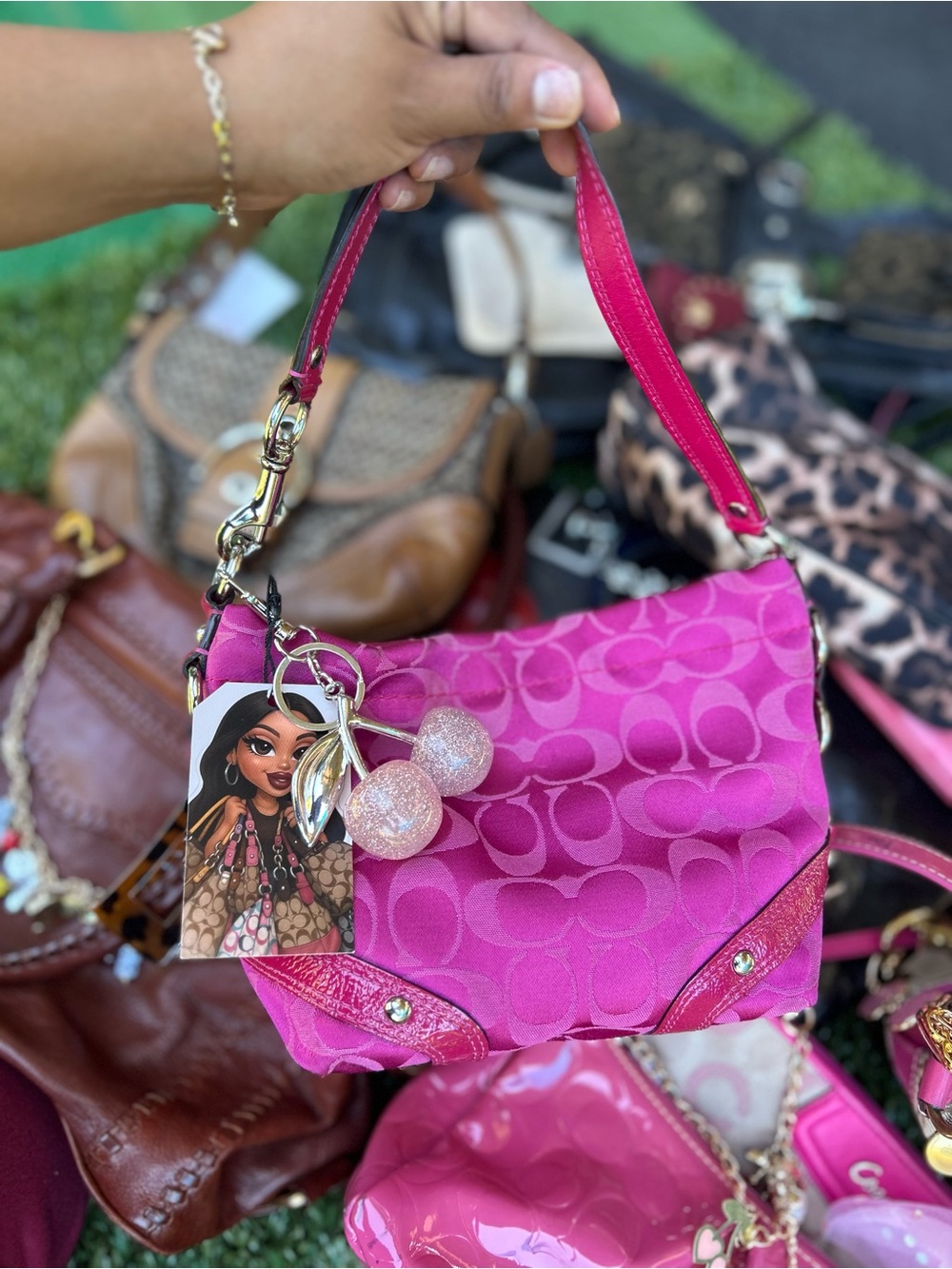 Coach Hot Pink Signature Mini Carly Shoulder Bag with Charm